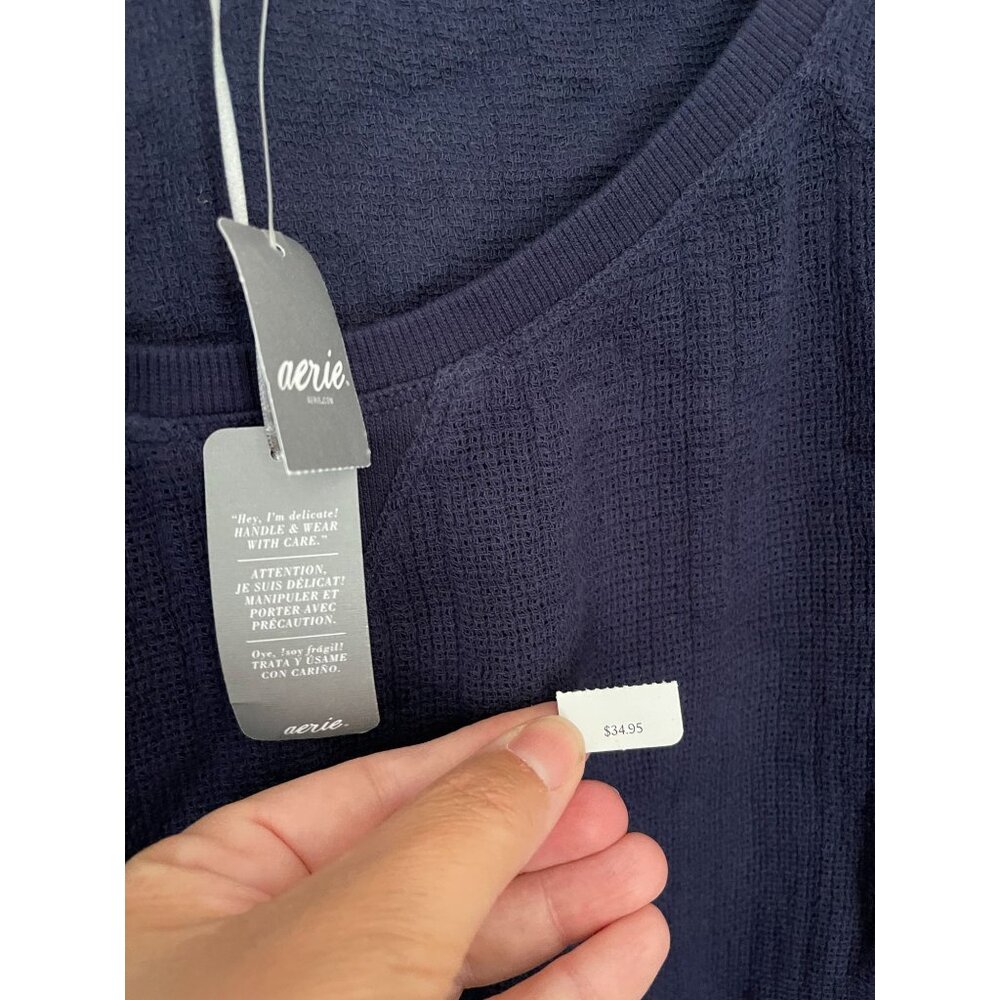 Aerie Women's Top Navy Blue Waffle Knit Short Sleeve Cotton Tee Size M New - Picture 6 of 9